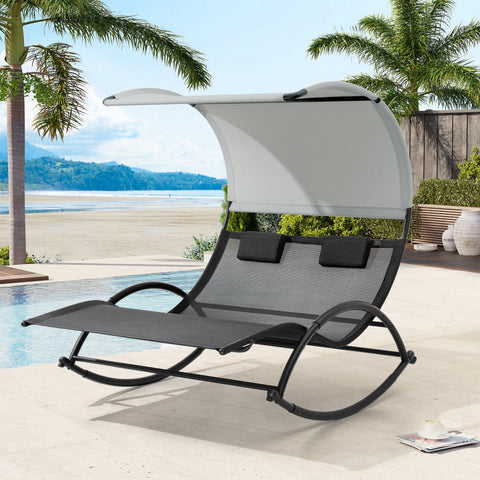 Crestlive Products Aluminum Outdoor Double Chaise Lounge Chair with Canopy and Wheels