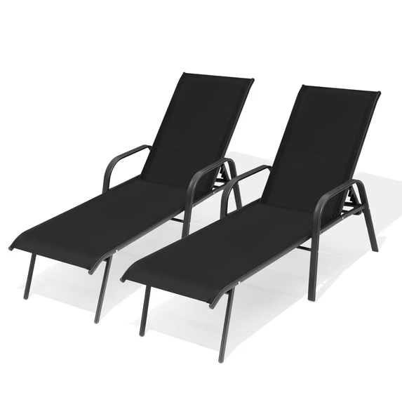 Crestlive Products Adjustable Steel Chaise Lounge Chair, 6‑Position Recliner with Rust-Resistant Frame (Black)