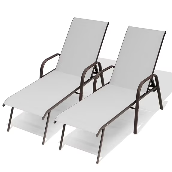 Crestlive Products Adjustable Steel Chaise Lounge Chair, 6‑Position Recliner with Rust-Resistant Frame (Light Gray)