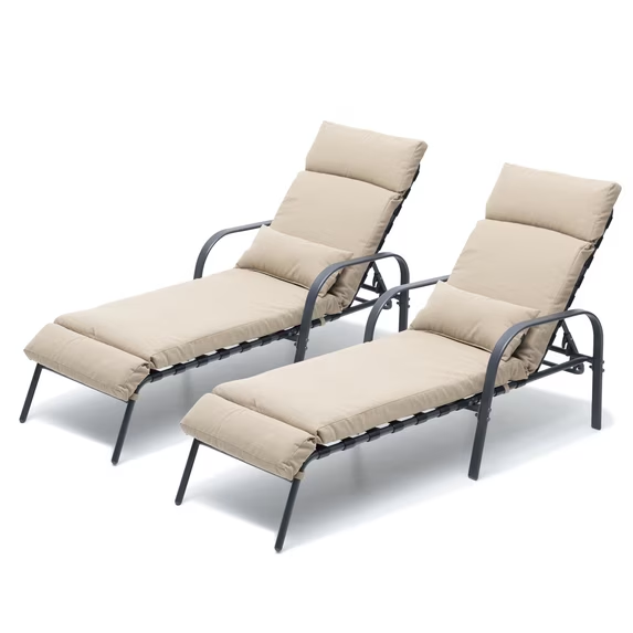 Crestlive Products 2PCS Tan Patio Steel Recliner Adjustable Chaise Lounge Chairs