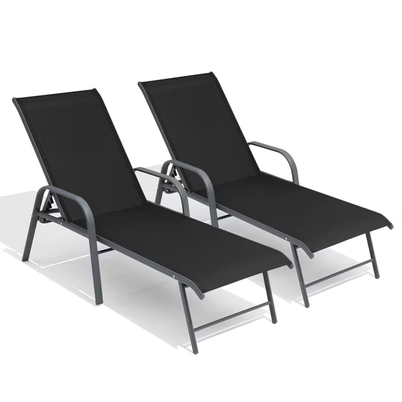 Crestlive Products 2‑Pack Outdoor Chaise Lounge Chairs – 5‑Position Aluminum Adjustable Patio Chaise Lounge with Rust Resistant Frame, Black