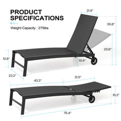 Aluminum Adjustable Outdoor Chaise Lounge Set of 2 with Wheels
