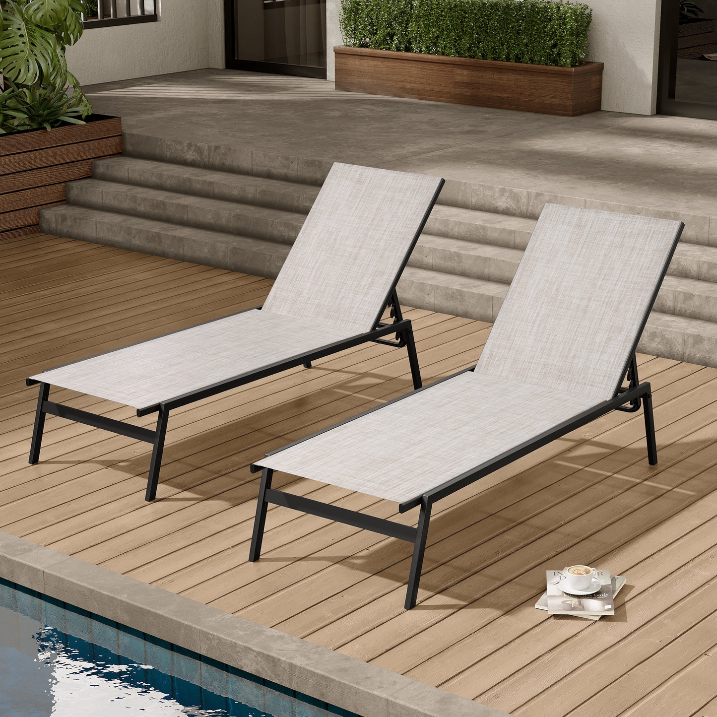 Crestlive Products Outdoor Adjustable Chaise Lounge Chair 2-Piece Set, 5 Positions Recliner