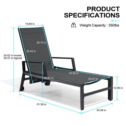Crestlive Products Adjustable Aluminum Outdoor Chaise Lounge Set of 2 with Wheels