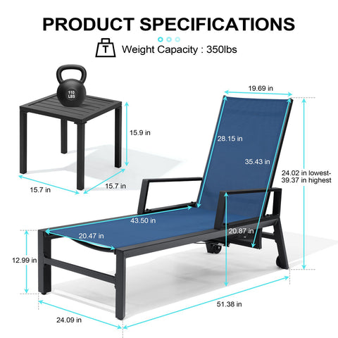 Crestlive Products Adjustable Aluminum Outdoor Chaise Lounge Set of 2 with Wheels