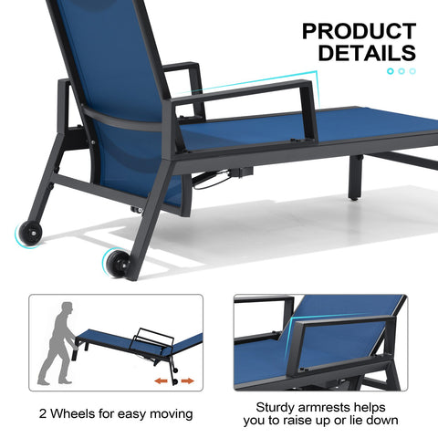 Crestlive Products Adjustable Aluminum Outdoor Chaise Lounge Set of 2 with Wheels