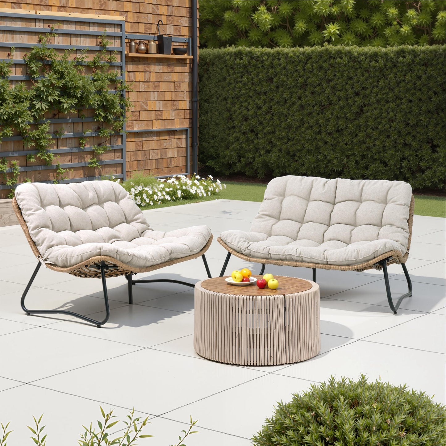 Crestlive Products Patio Stationary Black Metal Frame Chair Loveseat with Beige Cushion