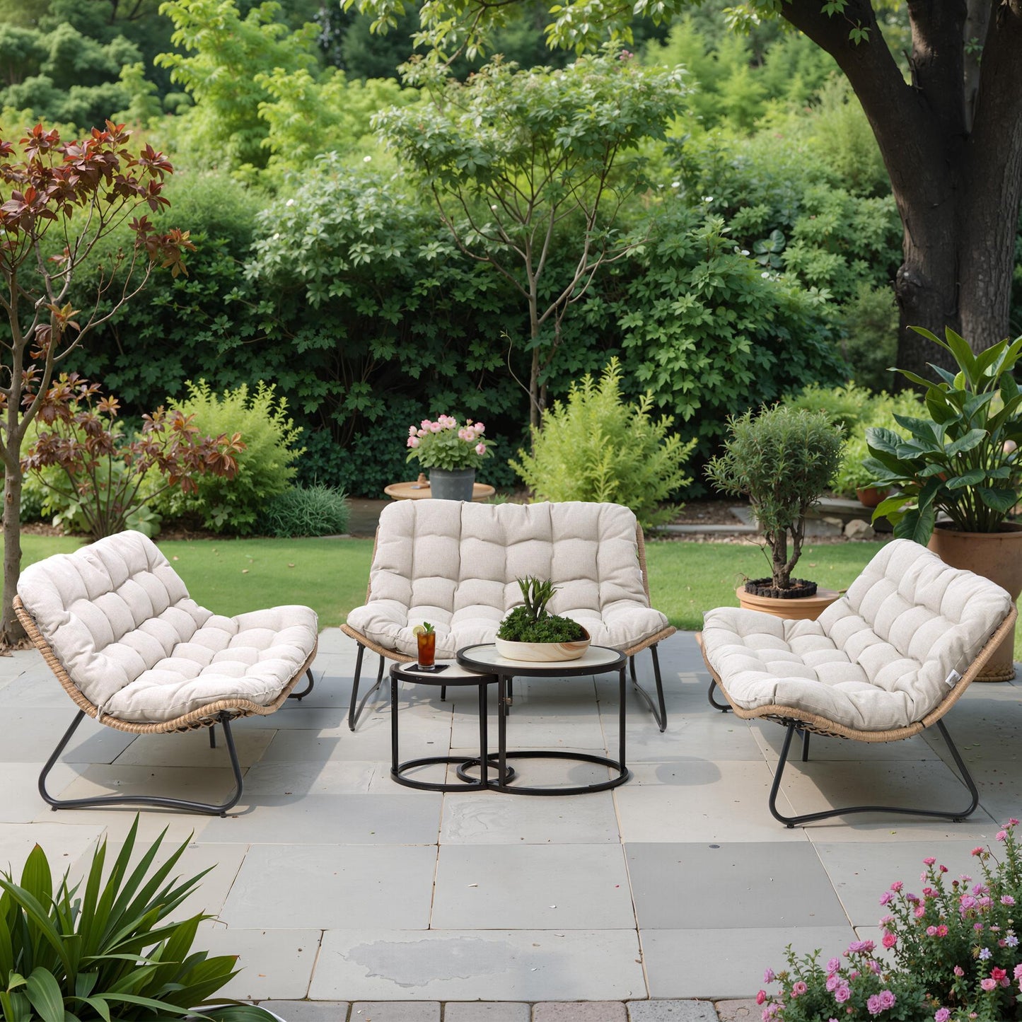 Crestlive Products Patio Stationary Black Metal Frame Chair Loveseat with Beige Cushion