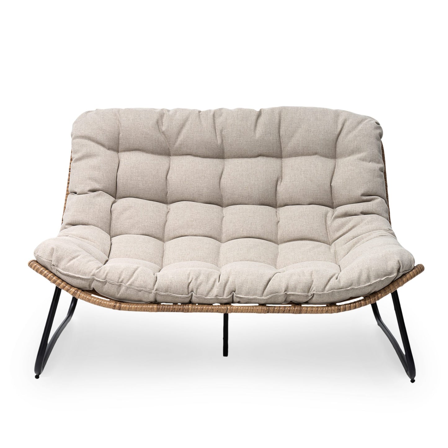 Crestlive Products Patio Stationary Black Metal Frame Chair Loveseat with Beige Cushion