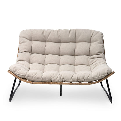 Crestlive Products Patio Stationary Black Metal Frame Chair Loveseat with Beige Cushion