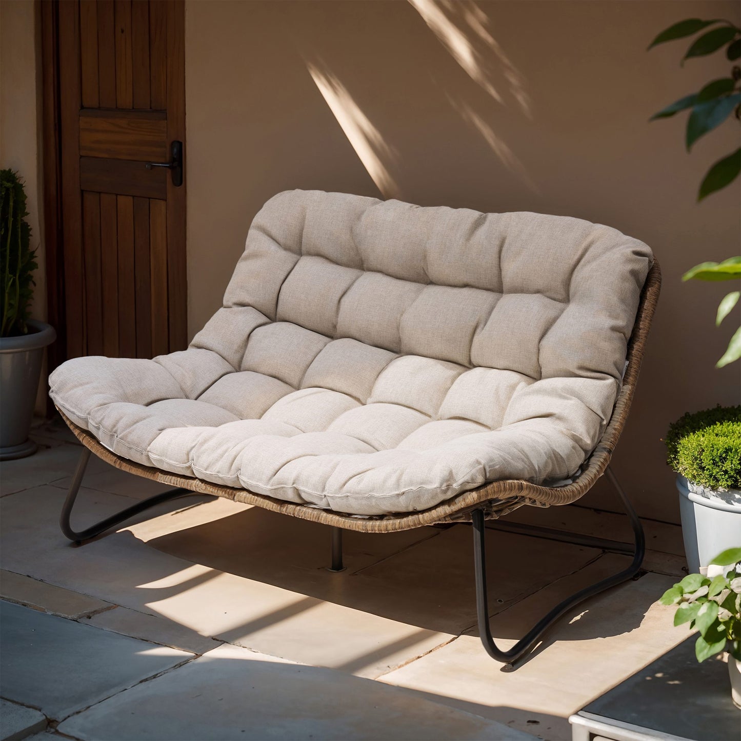 Crestlive Products Patio Stationary Black Metal Frame Chair Loveseat with Beige Cushion