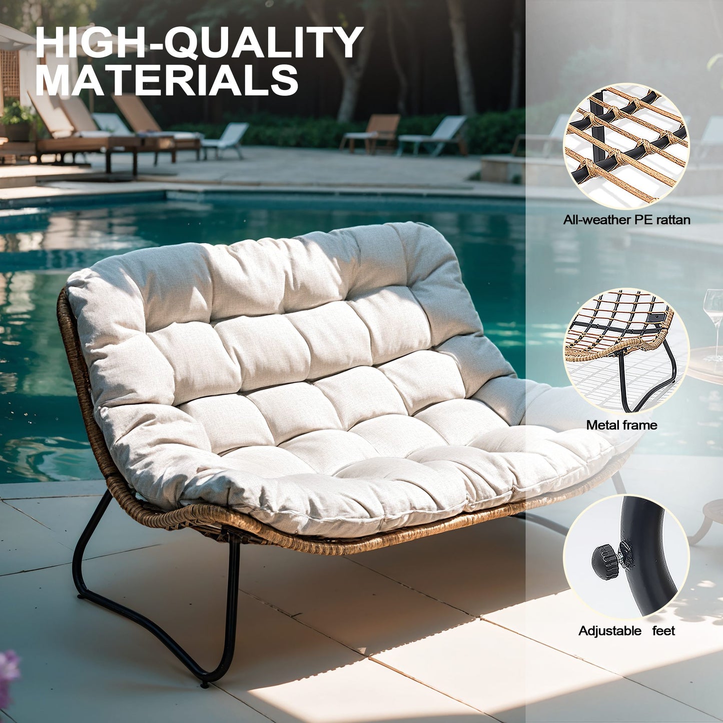 Crestlive Products Patio Stationary Black Metal Frame Chair Loveseat with Beige Cushion
