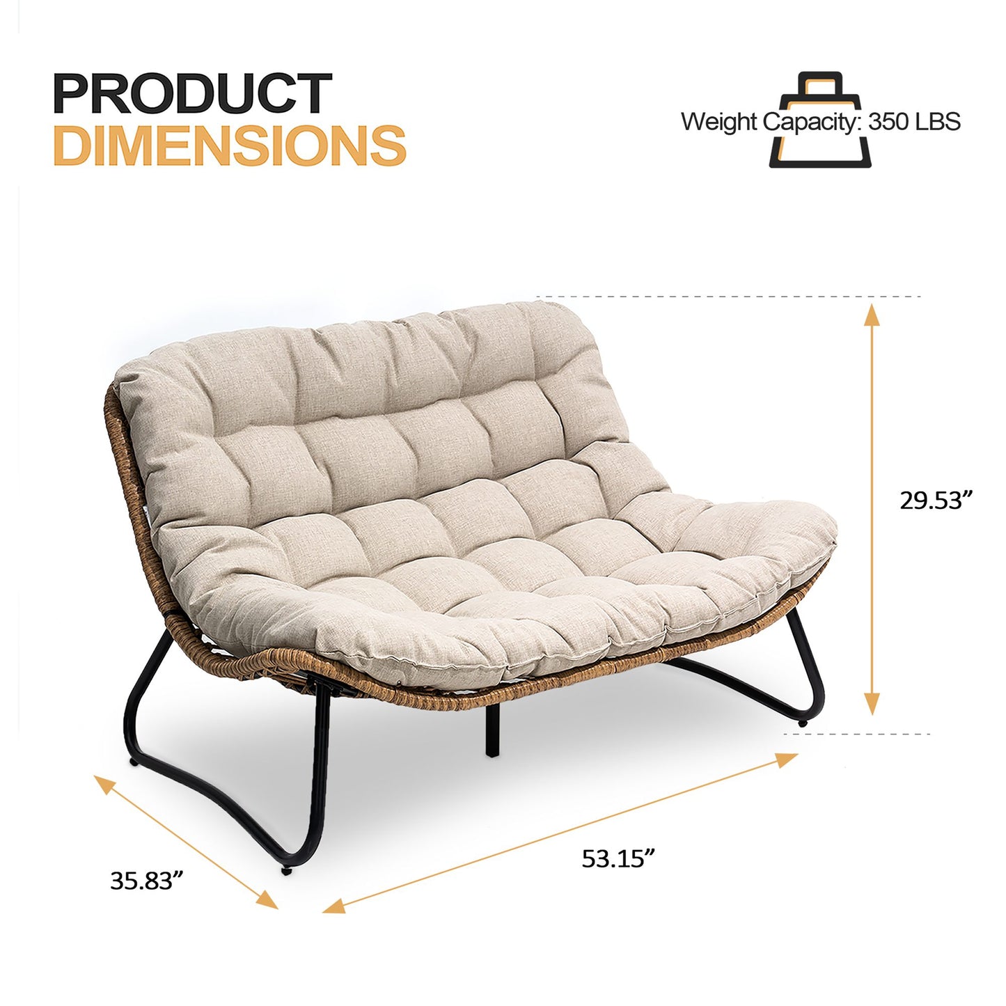Crestlive Products Patio Stationary Black Metal Frame Chair Loveseat with Beige Cushion
