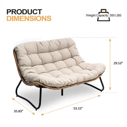 Crestlive Products Patio Stationary Black Metal Frame Chair Loveseat with Beige Cushion