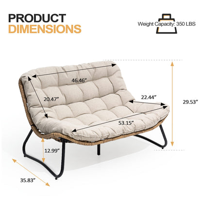 Crestlive Products Patio Stationary Black Metal Frame Chair Loveseat with Beige Cushion