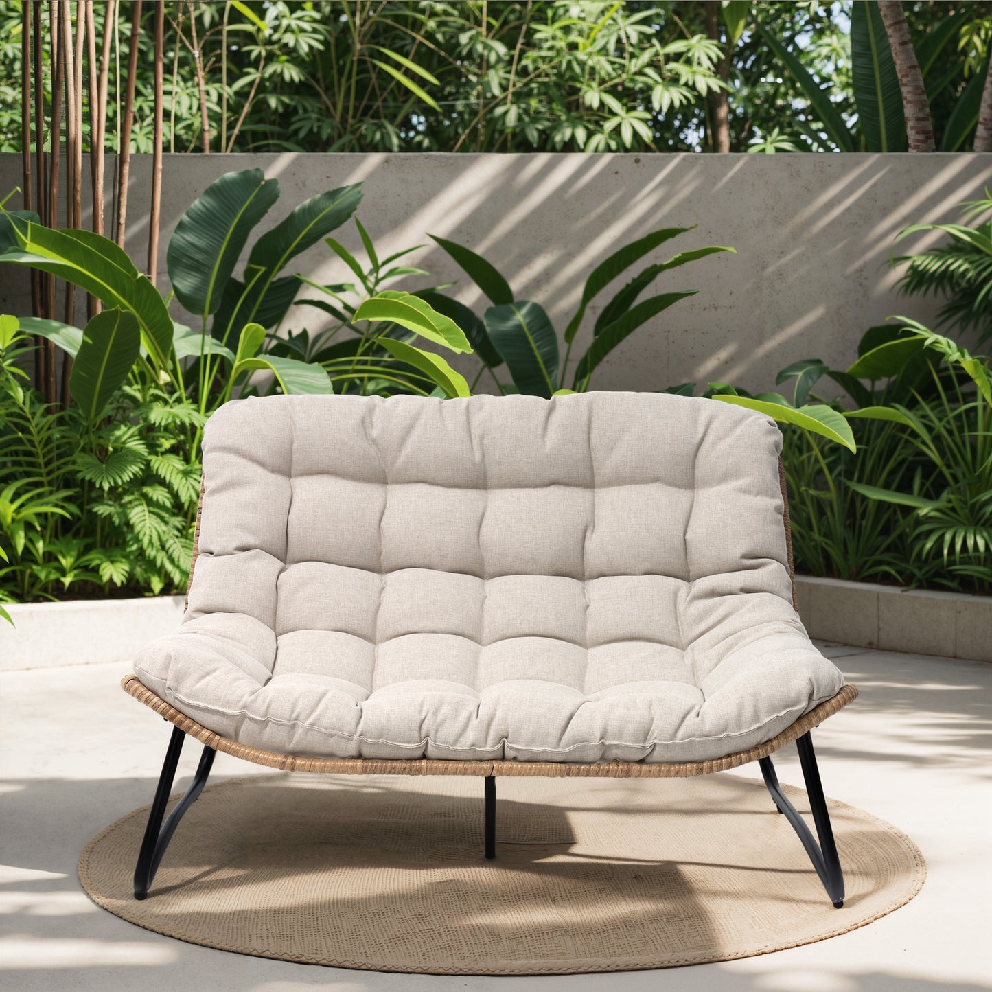 Crestlive Products Patio Stationary Black Metal Frame Chair Loveseat with Beige Cushion