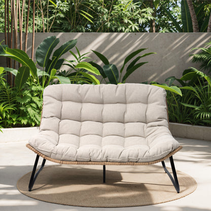 Crestlive Products Patio Stationary Black Metal Frame Chair Loveseat with Beige Cushion