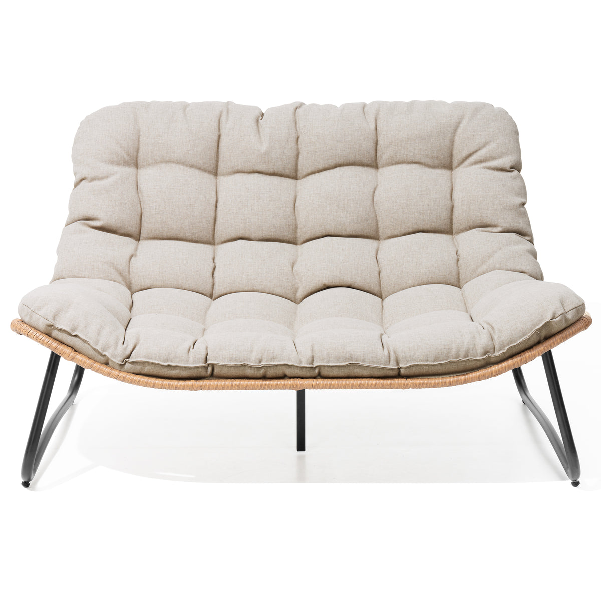 Crestlive Products Patio Stationary Black Metal Frame Chair Loveseat with Beige Cushion