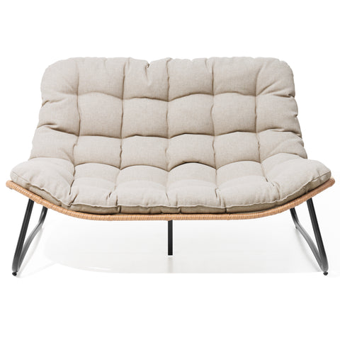 Crestlive Products Patio Stationary Black Metal Frame Chair Loveseat with Beige Cushion