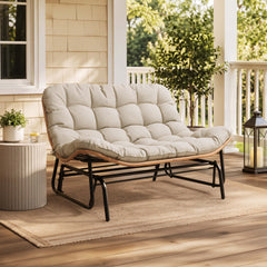 Boho Wicker Outdoor Glider Loveseat with Cushion, PE Rattan