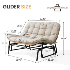 Boho Wicker Outdoor Glider Loveseat with Cushion, PE Rattan
