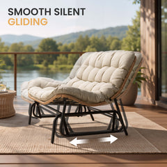 Boho Wicker Outdoor Glider Loveseat with Cushion, PE Rattan