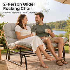 Boho Wicker Outdoor Glider Loveseat with Cushion, PE Rattan