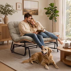 Boho Wicker Outdoor Glider Loveseat with Cushion, PE Rattan