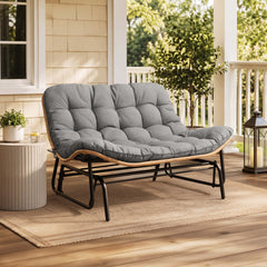 Boho Wicker Outdoor Glider Loveseat with Cushion, PE Rattan