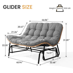 Boho Wicker Outdoor Glider Loveseat with Cushion, PE Rattan