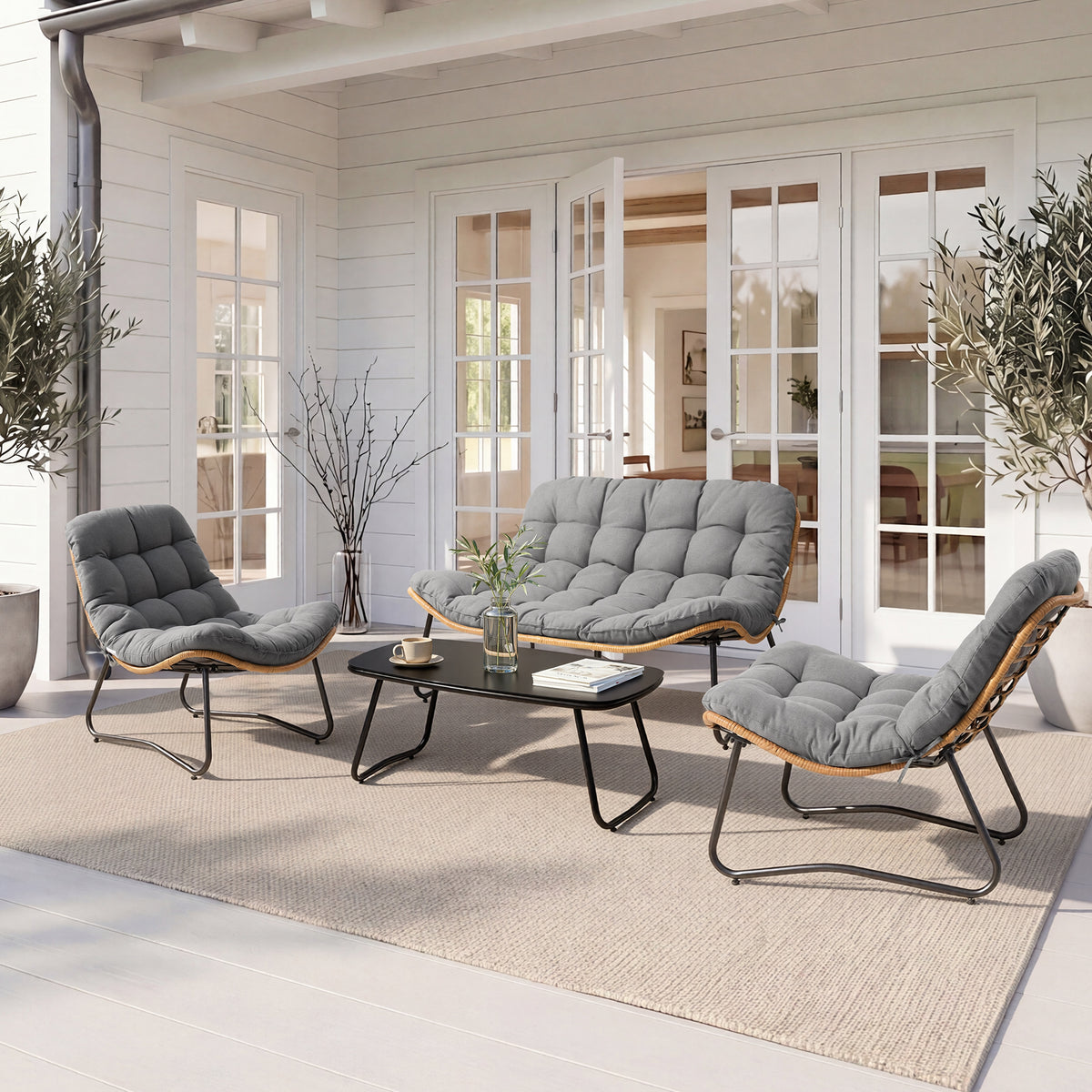 4-Piece Patio Conversation Set with Loveseat, Chairs, Coffee Table & Cushions