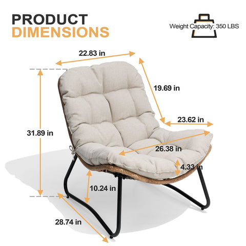 Outdoor PE wicker patio chair with cushion showing weight capacity and dimensions