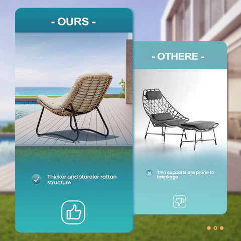 Comparison of outdoor PE wicker chairs showing our thicker, sturdier rattan versus thinner, fragile rattan of other chairs