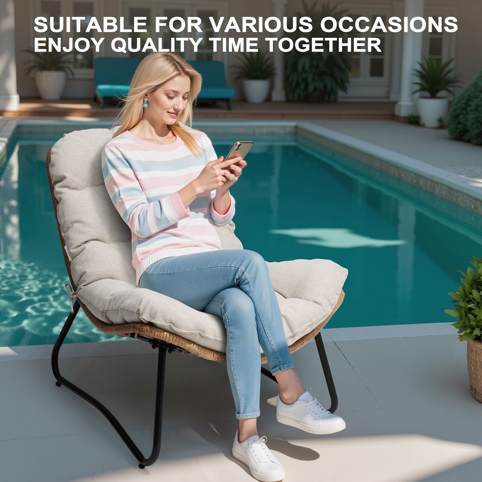 Outdoor PE wicker patio chairs set in a casual setting, ideal for patio, deck, kitchen, or balcony use