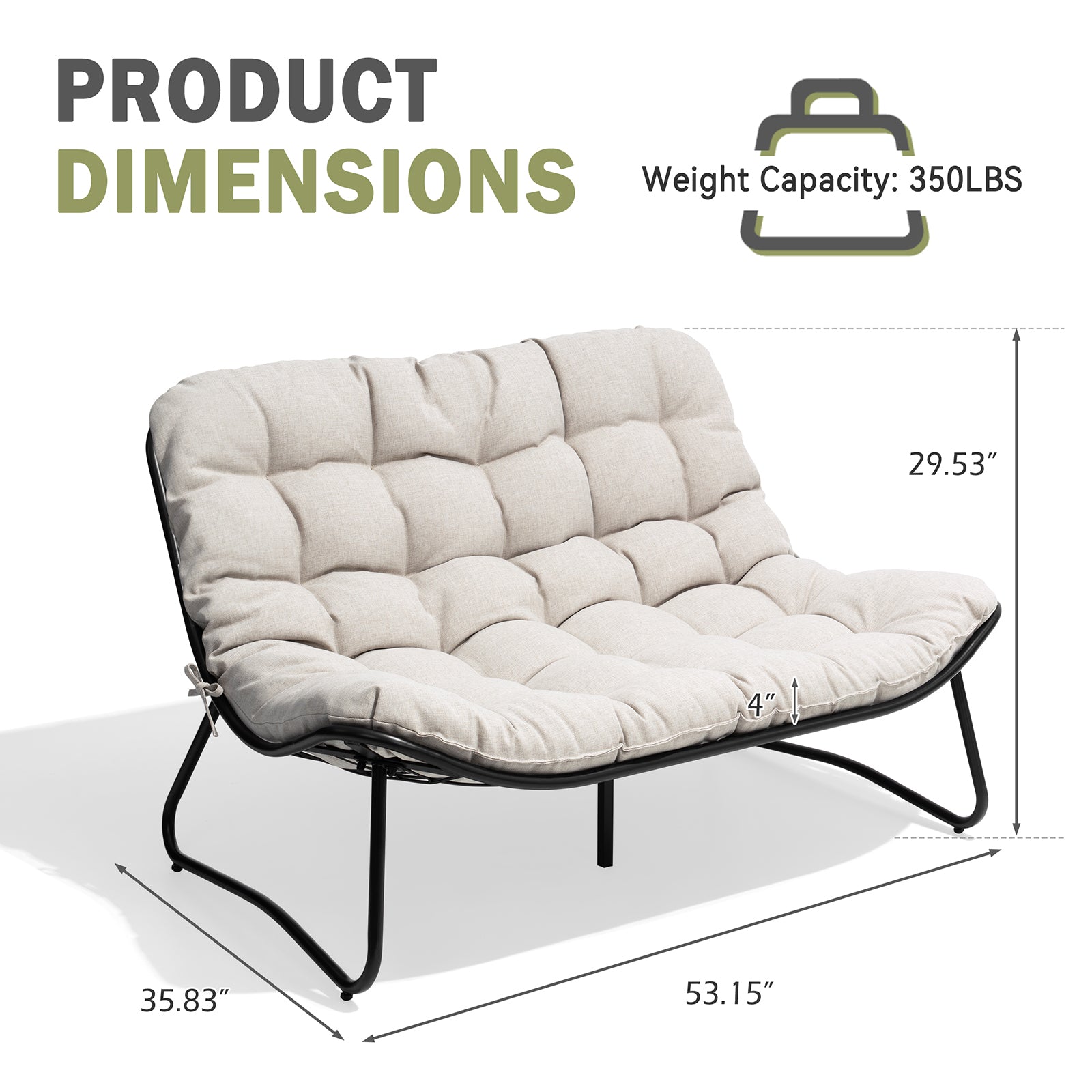 2-seater outdoor loveseat dimensions and 350 lb weight capacity diagram