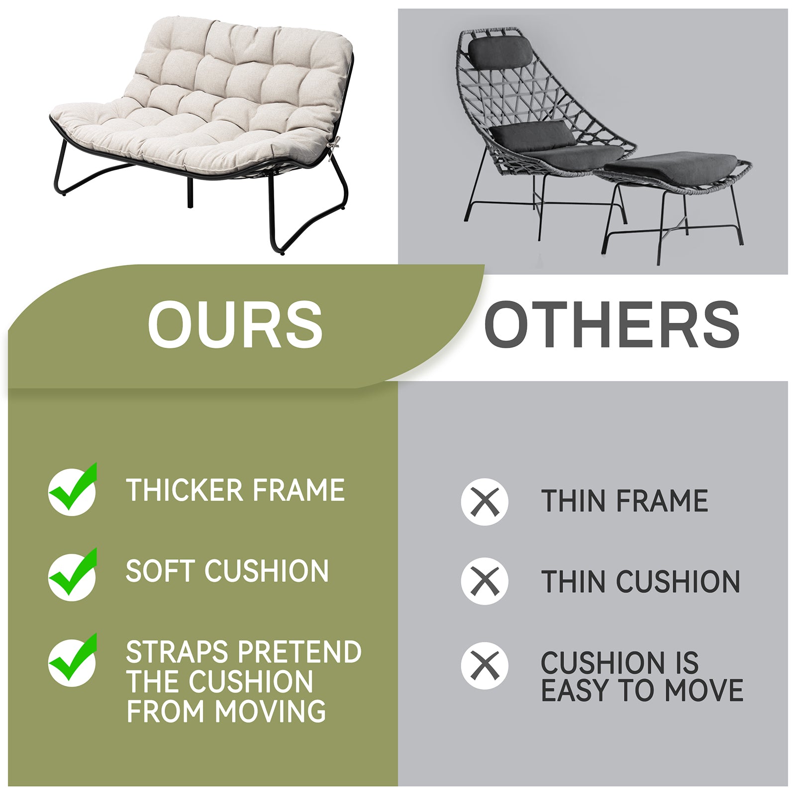 Comparison of 2-seater outdoor loveseat showing thicker frame, soft cushions, and easy-to-move design versus thinner alternatives