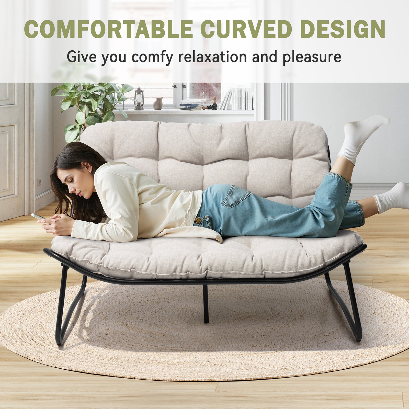 2-seater outdoor loveseat detail showing curved design for comfortable relaxation