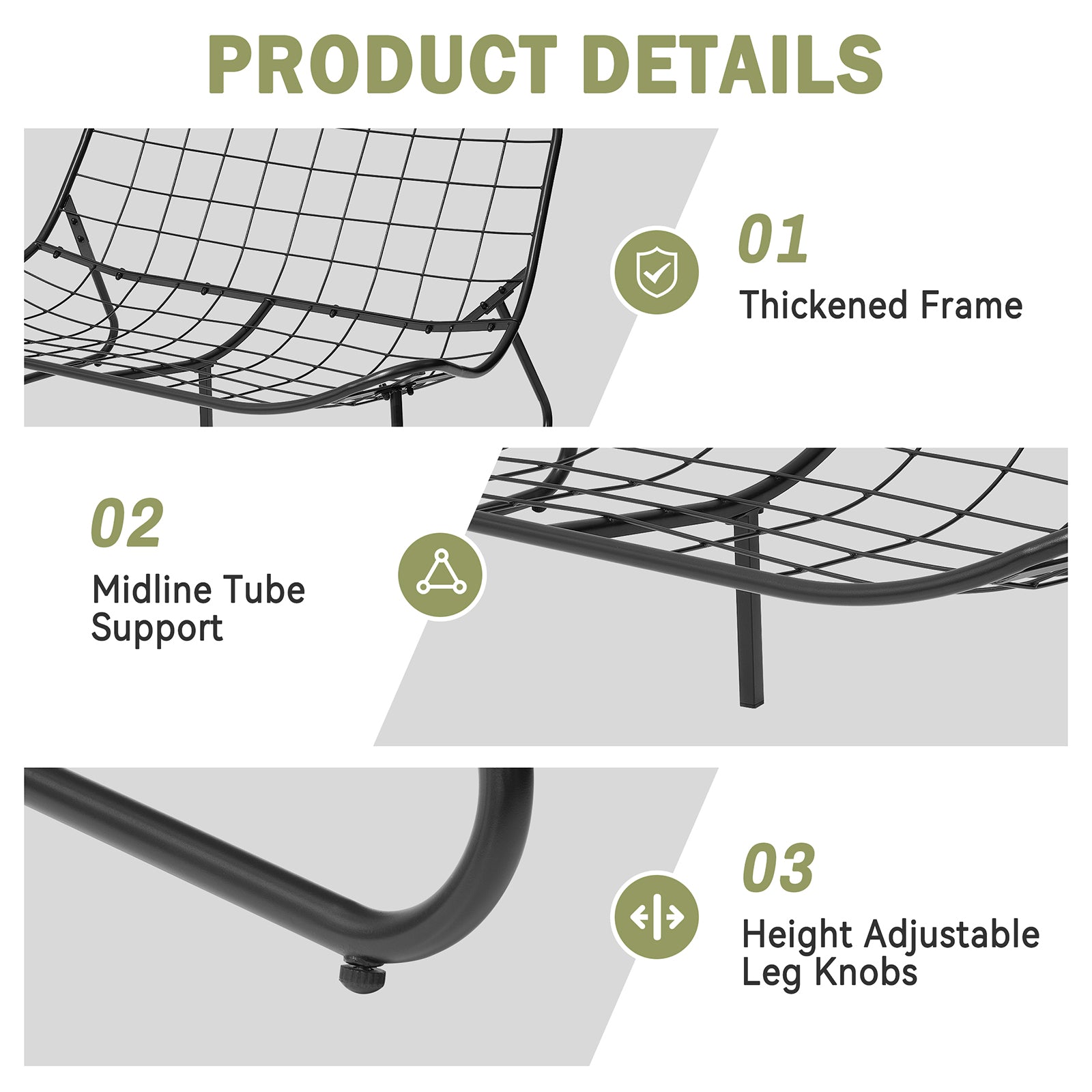 2-seater outdoor loveseat detail showing thickened frame, midline support tube, and height-adjustable leg knobs