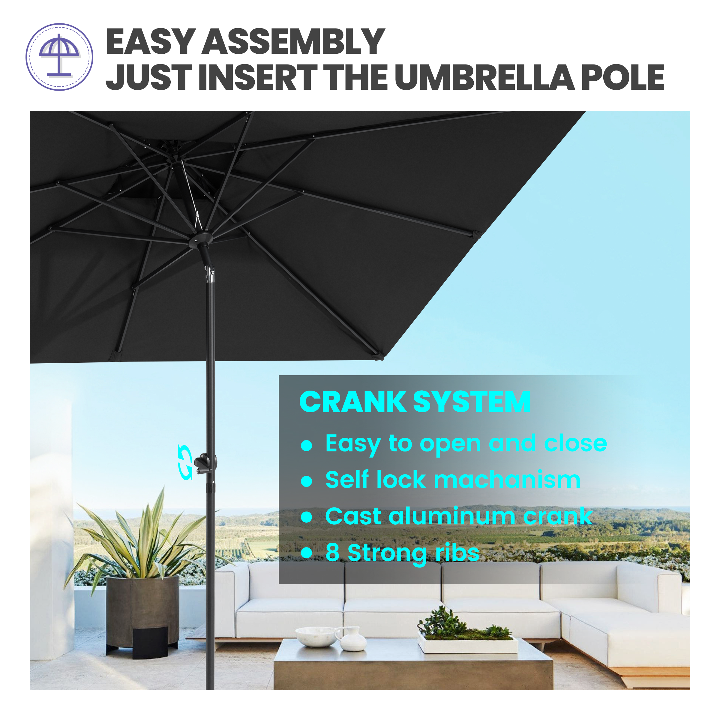 10x7 ft Aluminum Market Umbrella - Tilt & Double Top