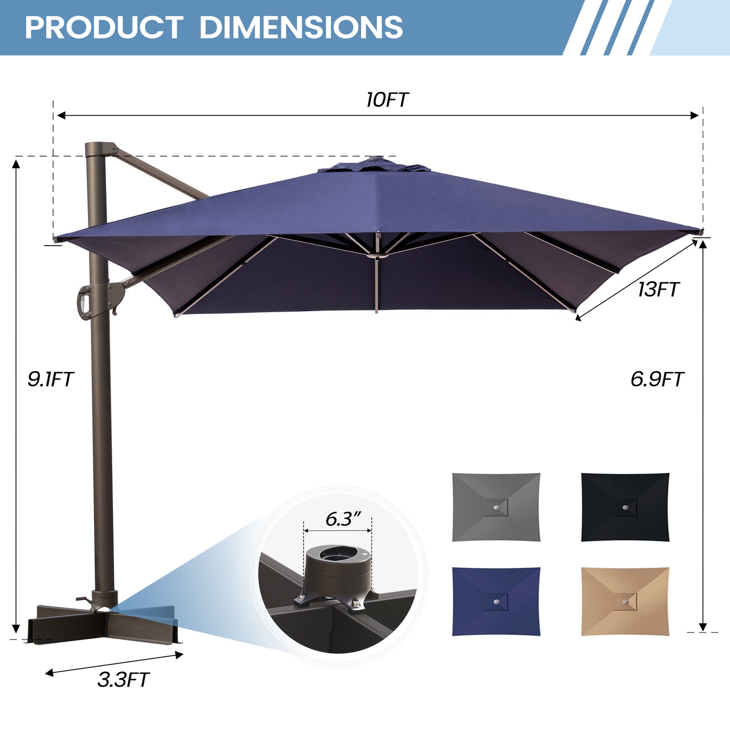 Crestlive Products 10'x 13' Patio Offset Cantilever Umbrella High-strength Aluminum Pole with 360°Rotation 5 Heights Adjustable Umbrella