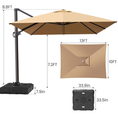 13x10 ft Aluminum Cantilever Patio Umbrella (Base Options)