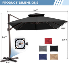 13x10 ft Aluminum Cantilever Patio Umbrella with Double Top (Base Options)