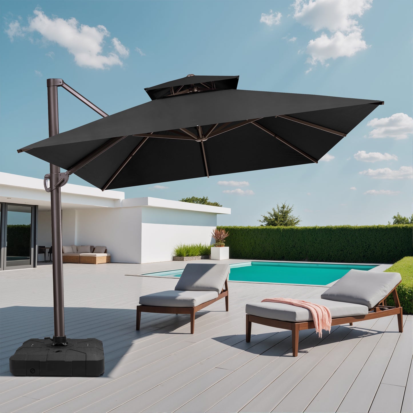 Crestlive Products 10x13ft Aluminum Crank Cantilever Patio Umbrella with Lights with Base