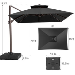 13x10 ft Aluminum Cantilever Patio Umbrella with Double Top (Base Options)