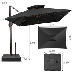 13x10 ft Aluminum Cantilever Patio Umbrella with Double Top (Base Options)