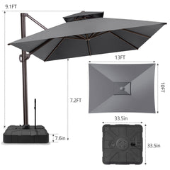 13x10 ft Aluminum Cantilever Patio Umbrella with Double Top (Base Options)
