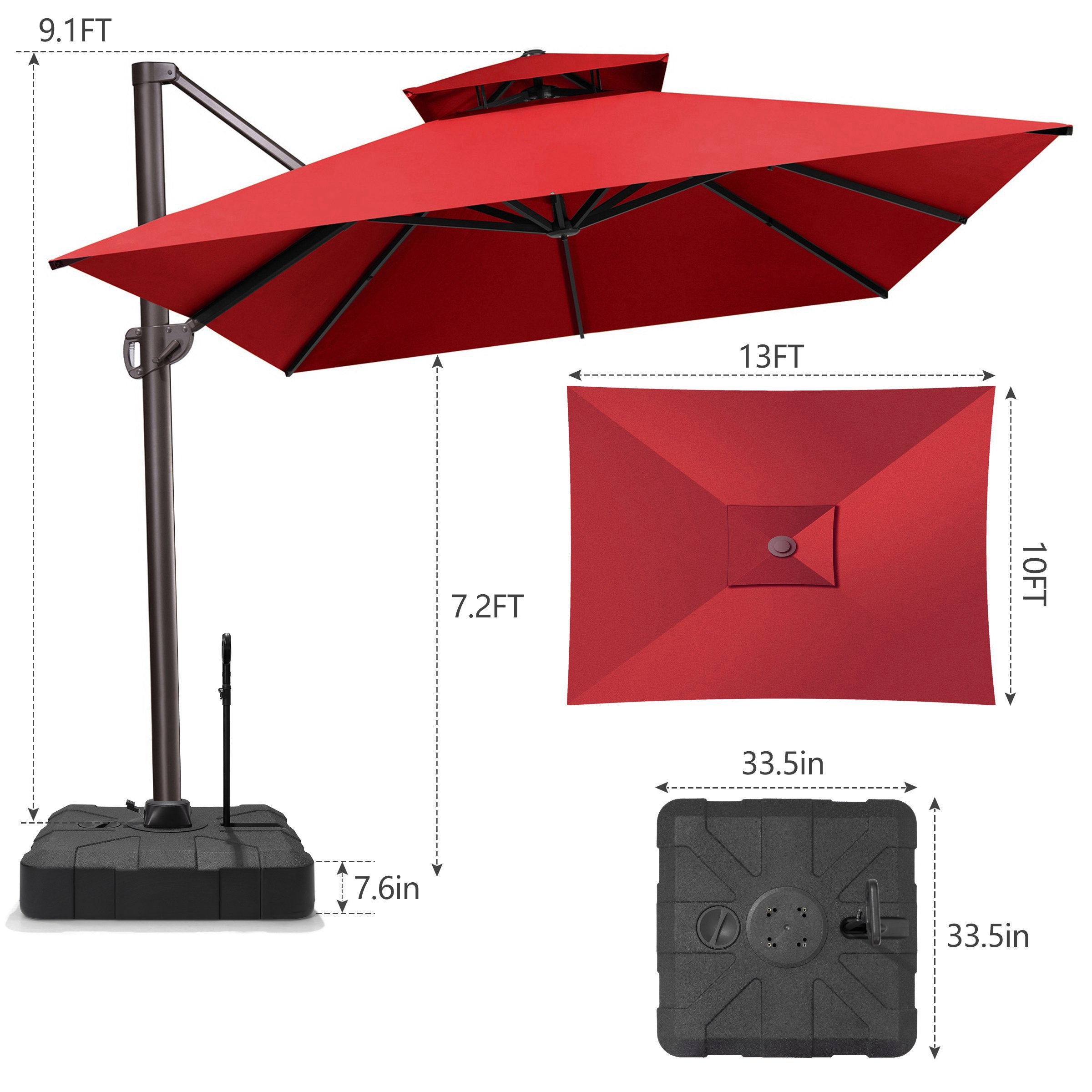 13x10 ft Aluminum Cantilever Umbrella - Double Top