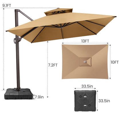 Crestlive Products 10x13ft Aluminum Double Top Crank Cantilever Patio Umbrella with Base