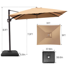 11x9 ft Aluminum Cantilever Patio Umbrella (Base Options)