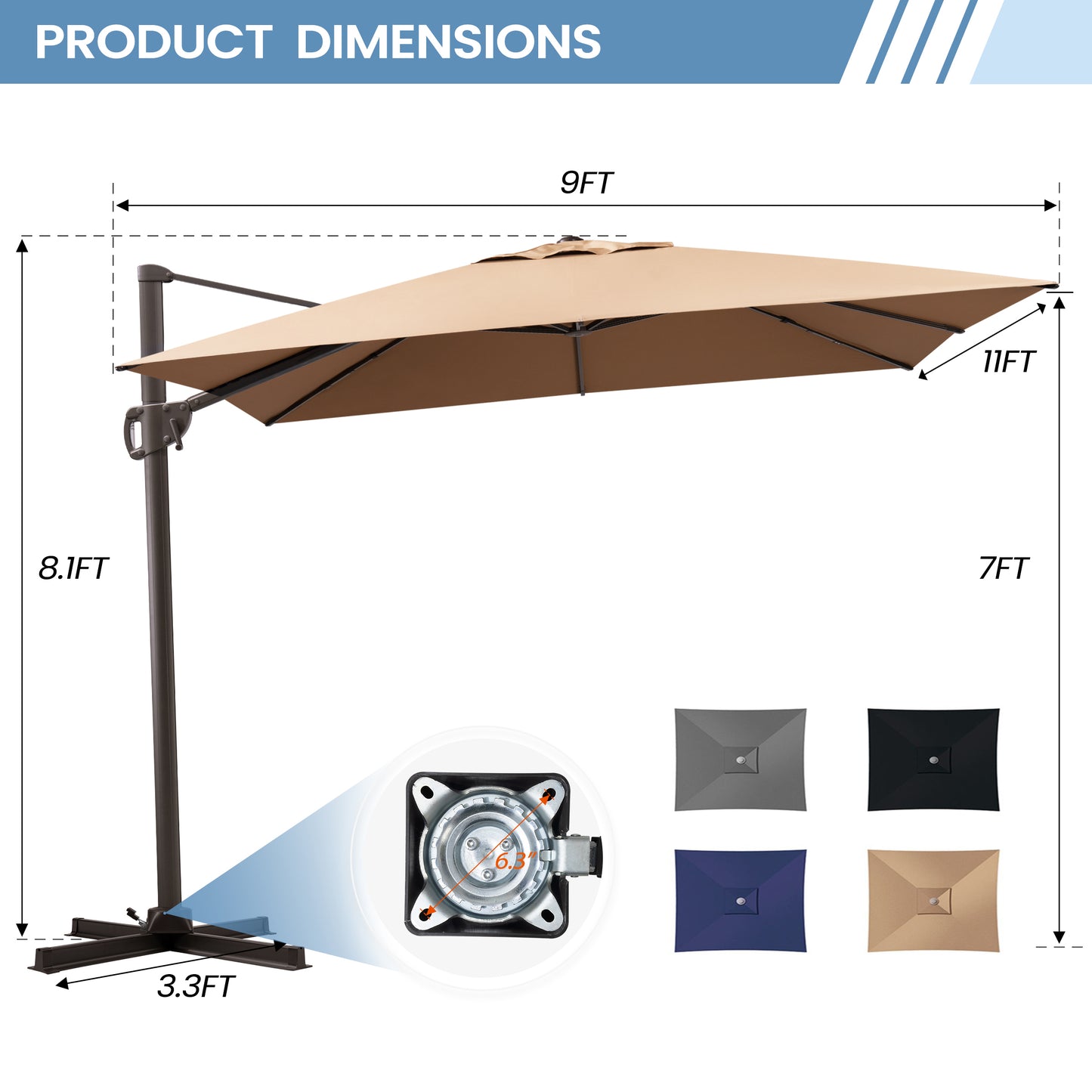Crestlive Products 11x9ft Aluminum Crank Cantilever Patio Umbrella with Base Options